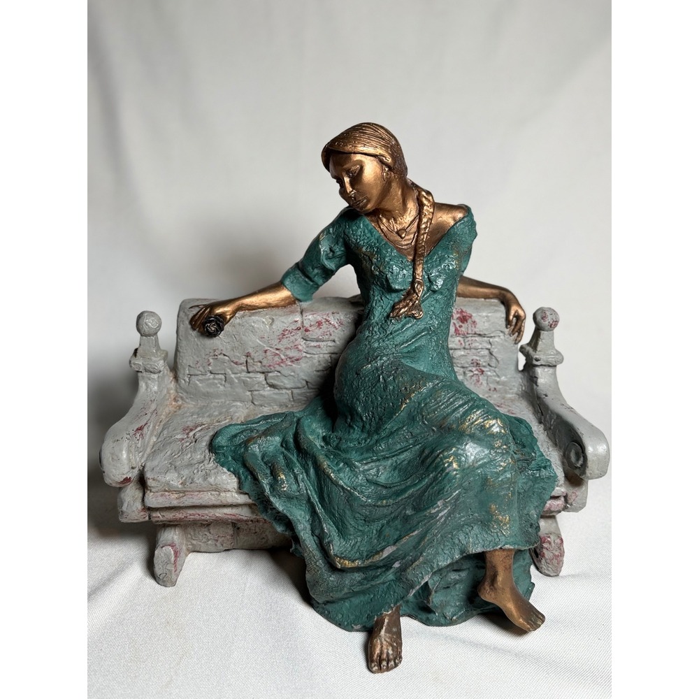 SIGNED Bronze Tone Woman on Bench Sculpture Teal Dress Holding Black Rose